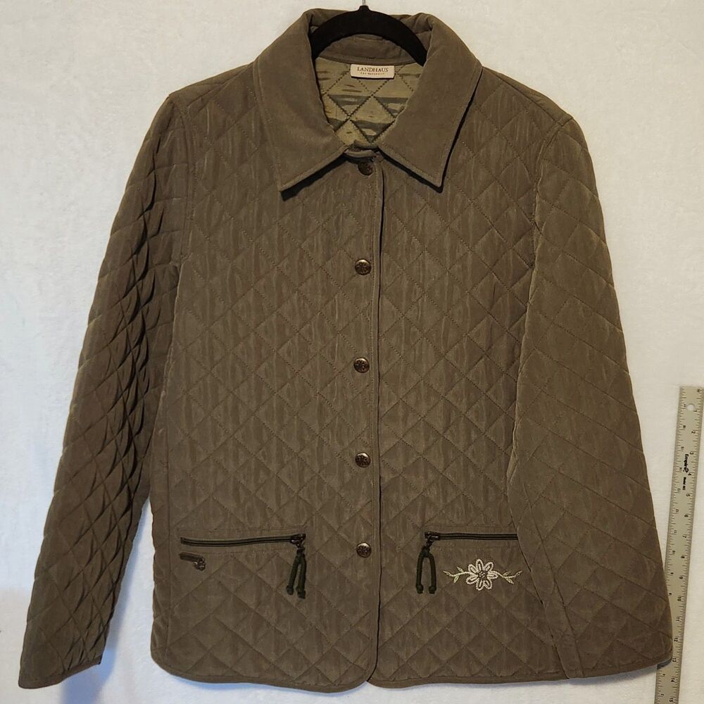 Landhaus Women's M Olive Green Quilted Jacket Embroidered Zip Pockets Trachten